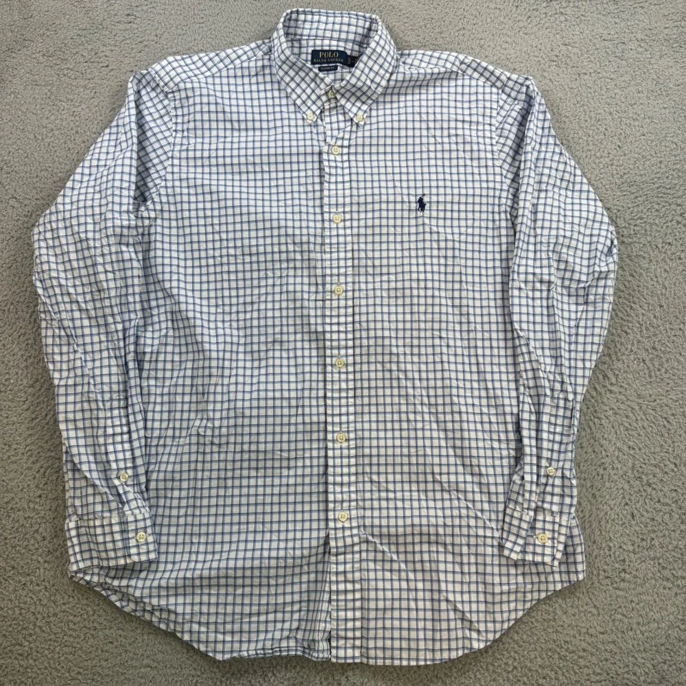 Polo Ralph Lauren Mens Classic‎ Fit Plaid Button Down Shirt XL White Blue